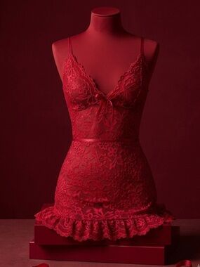 Wine Red Lace Lingerie Set – Size S | Romantic | Sexy | Mini Dress Floral Lace